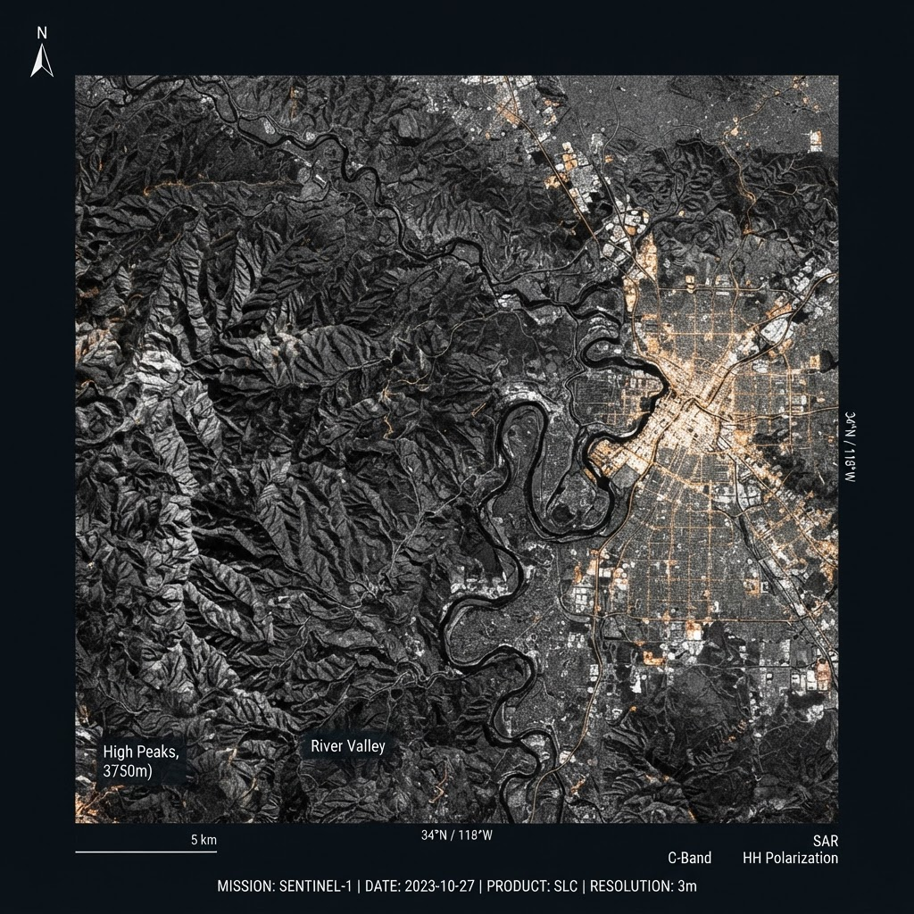 Synthetic Aperture Radar scan of terrain showing rivers, mountains and urban structures